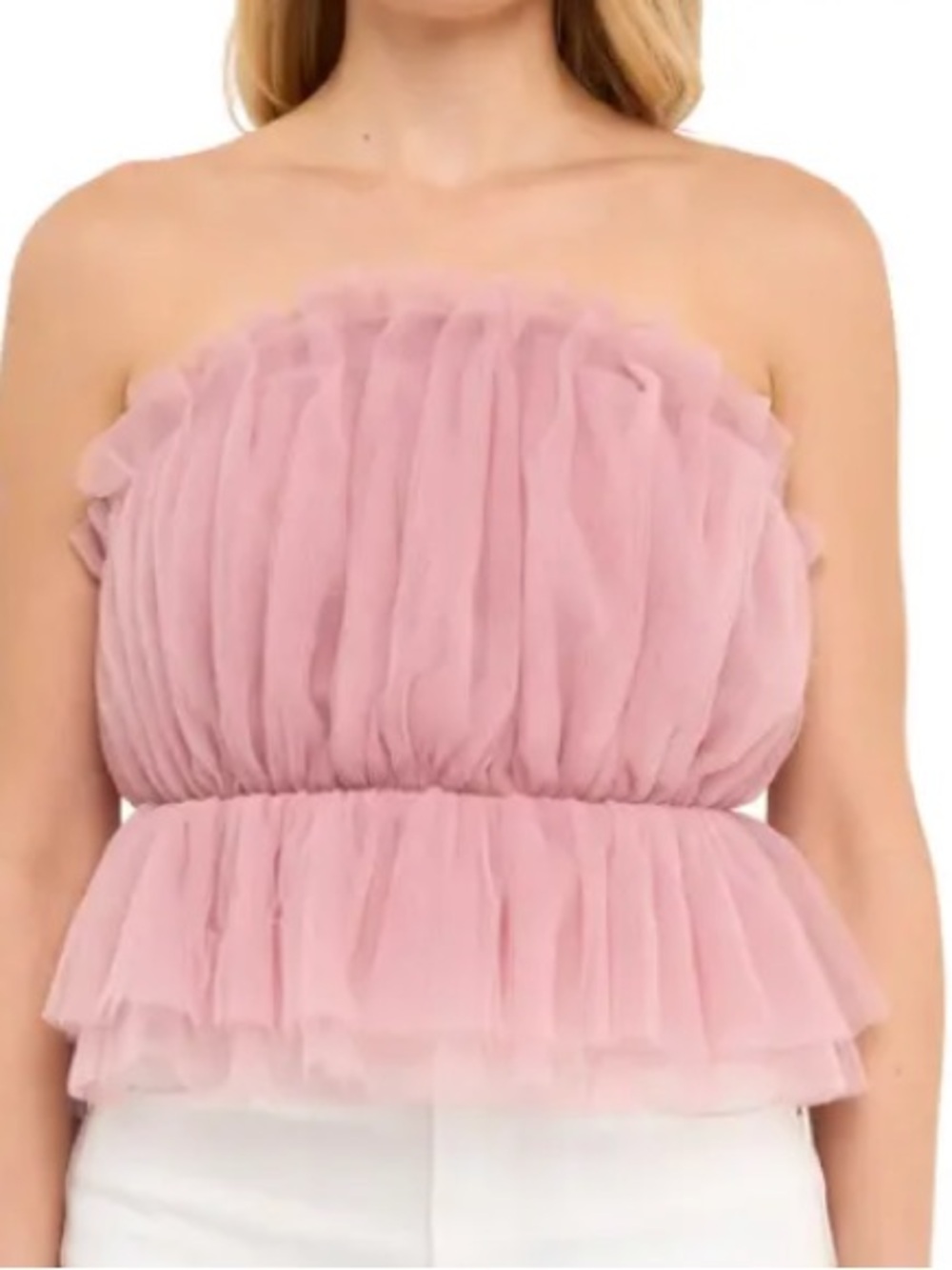 Pink Lily White Strapless Tiered Ruffle Mini Top